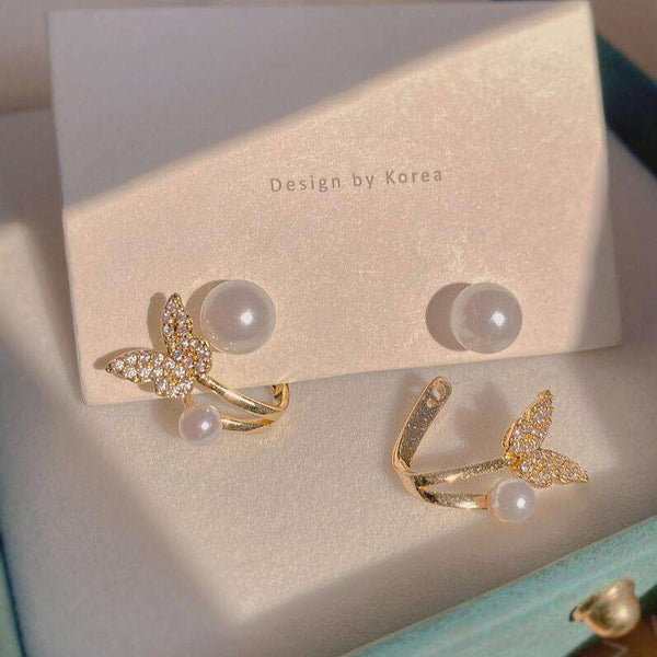 Korean Butterfly Pearl Earrings for Women – Gold Plated Double Stud Elegant Zircon Fashion Jewelry