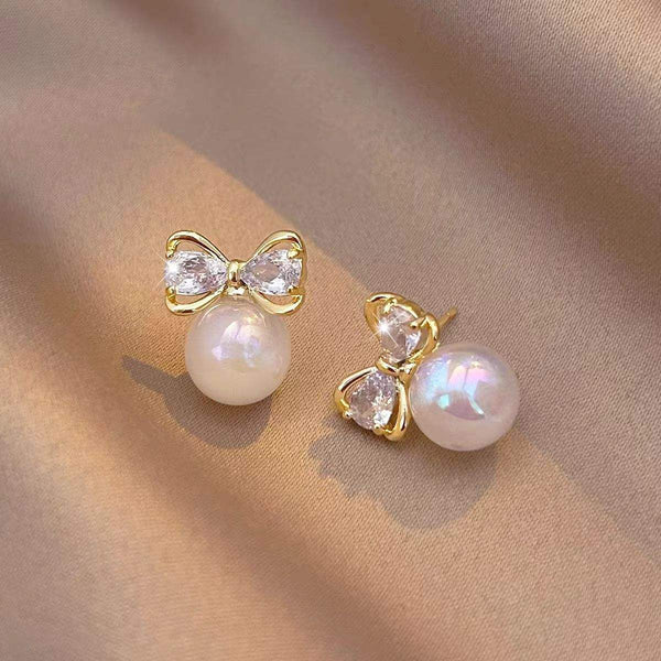Luxury Diamond Bow Pearl Earrings for Women – Gold Plated Elegant Studs | Korean Style Anti-Tarnish Jewelry