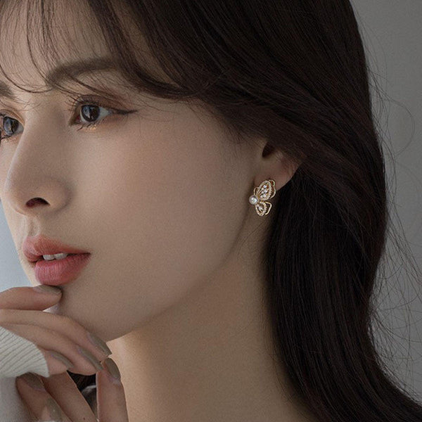 Korean Butterfly Pearl Earrings for Women – Gold Plated French Diamond Studs | Trendy Korean Fashion Jewelry