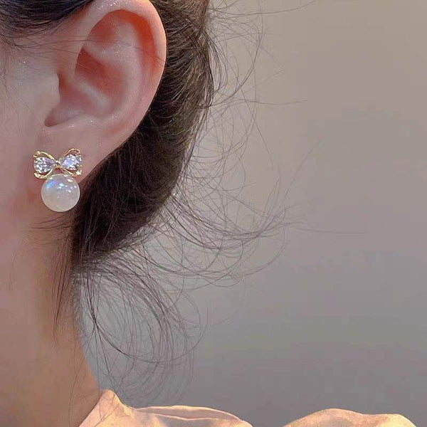 Luxury Diamond Bow Pearl Earrings for Women – Gold Plated Elegant Studs | Korean Style Anti-Tarnish Jewelry