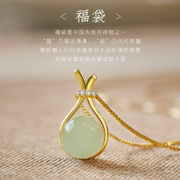 Elegant Blessing Bag Pendant Necklace for Women – 14K Gold-Plated Retro Collar Chain Jewelry
