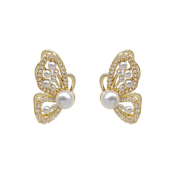 Korean Butterfly Pearl Earrings for Women – Gold Plated French Diamond Studs | Trendy Korean Fashion Jewelry