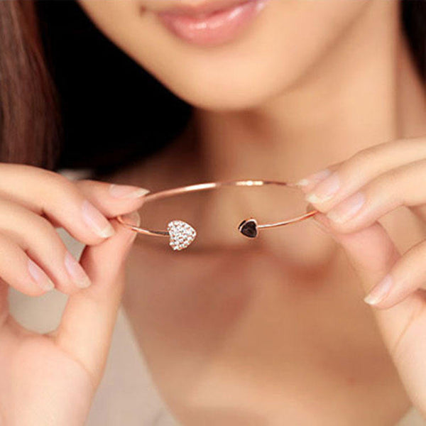 Gold Heart Charm Bracelet – Minimalist Adjustable Open Bangle for Women