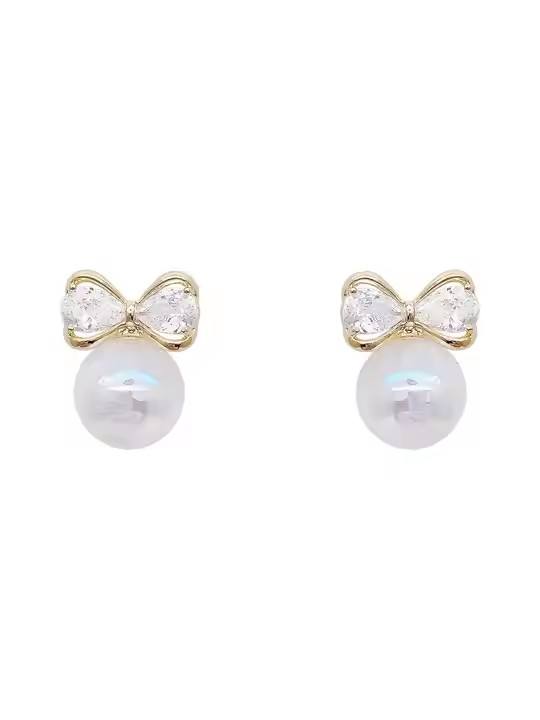Luxury Diamond Bow Pearl Earrings for Women – Gold Plated Elegant Studs | Korean Style Anti-Tarnish Jewelry