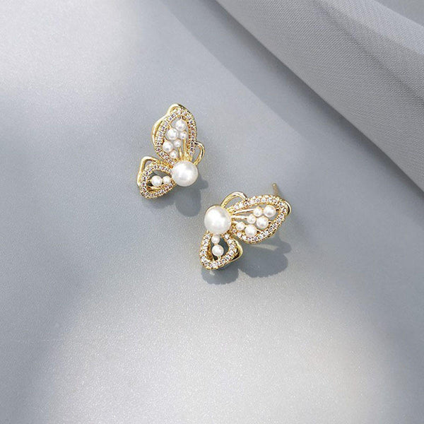 Korean Butterfly Pearl Earrings for Women – Gold Plated French Diamond Studs | Trendy Korean Fashion Jewelry