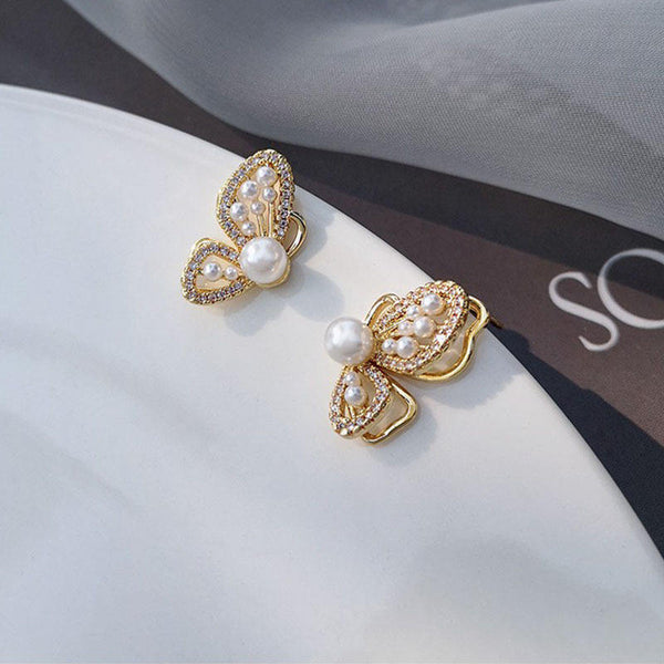 Korean Butterfly Pearl Earrings for Women – Gold Plated French Diamond Studs | Trendy Korean Fashion Jewelry